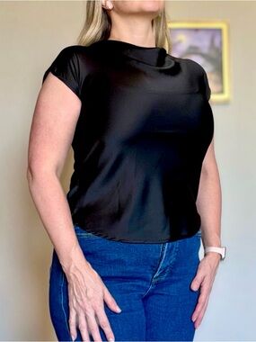 Renee C. Black Satin Short-Sleeve Cowlneck Blouse